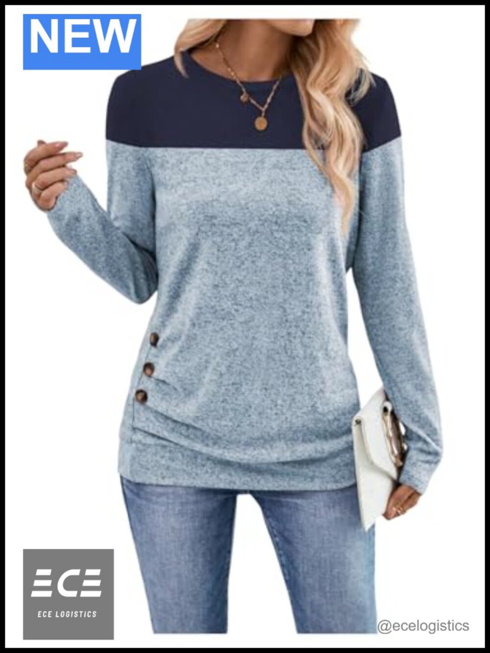 Women's Color Block Long Sleeve T Shirt Crew Neck Button Casual Fall Top